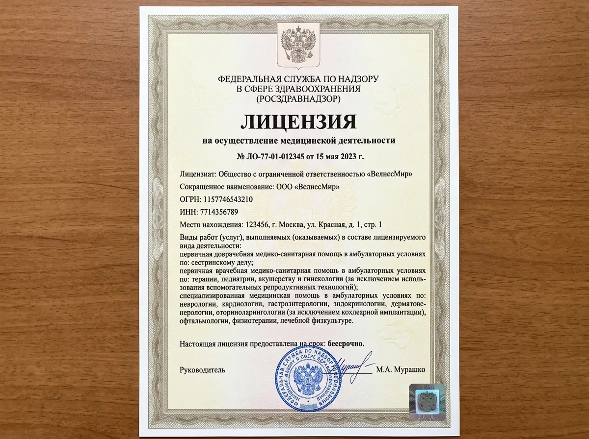 скан медицинской лицензии ООО ВелнесМир, официальный бланк с гербовой печатью Росздравнадзора